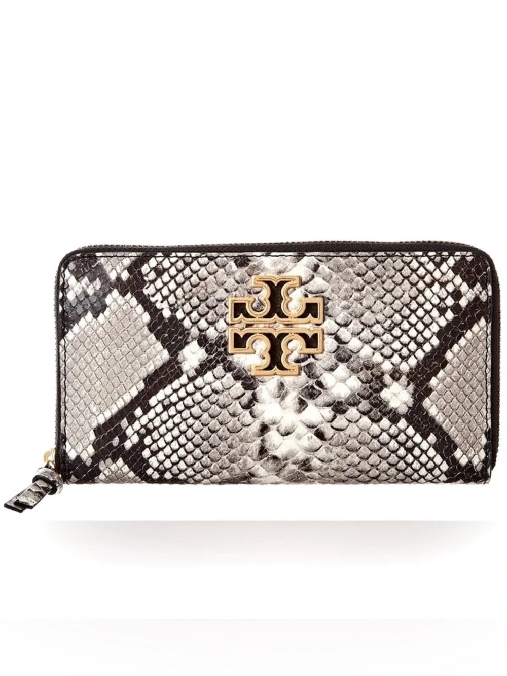 Tory Burch Britten Snake Embossed Leather Zip Wallet Black and White Gold Logo
